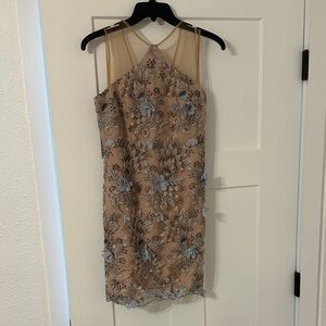 Dress the Population Tan and Blue Floral Mini Dress